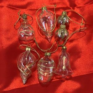 Vintage Glass Christmas Tree Ornaments 6 Small Clear Glass with Gold Glitter